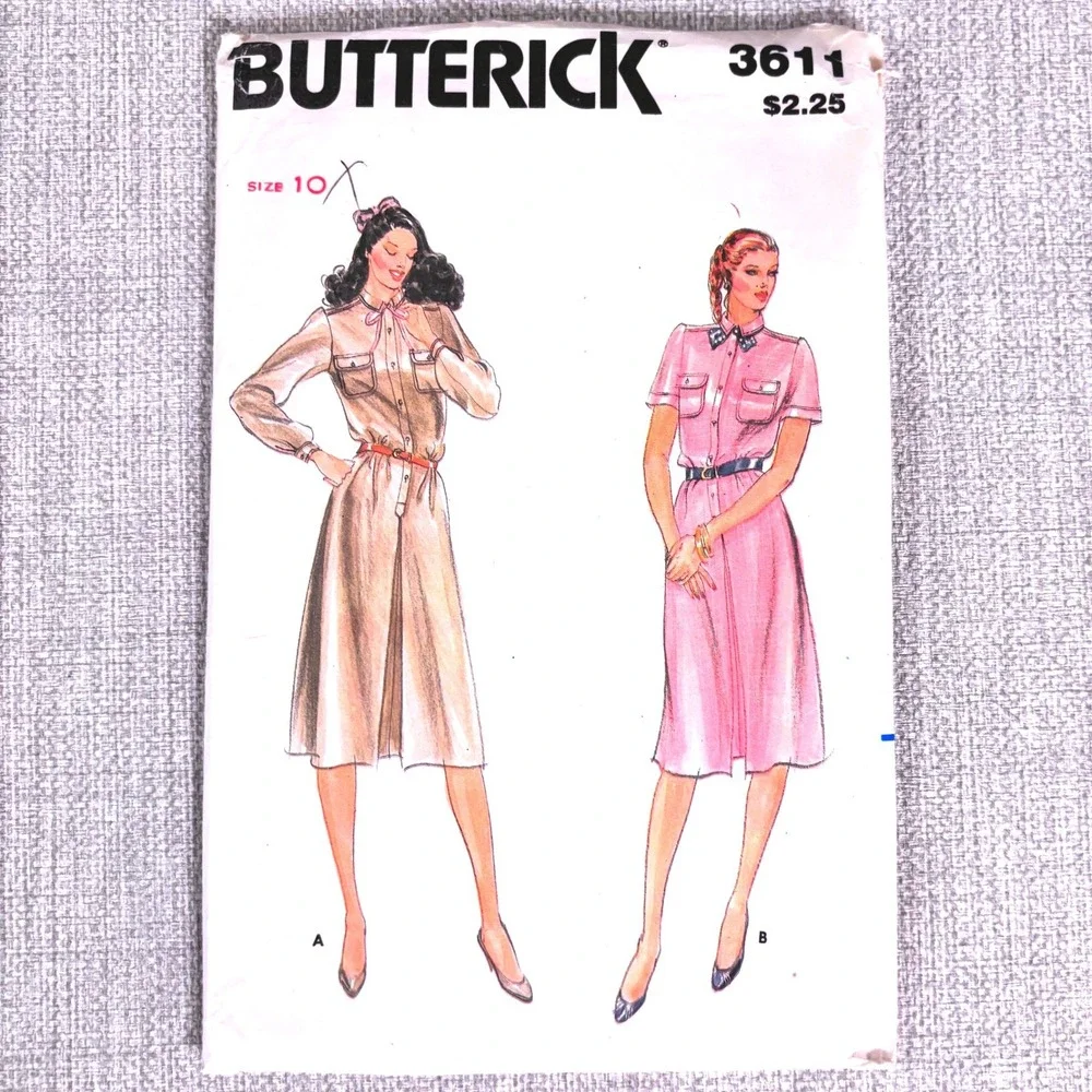 Butterick 3611 Safari Chic Button-Up Shirt Dress Sz 10 Preppie Classic Vtg 70s